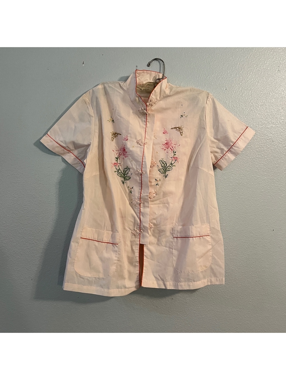 Vintage Plum Blossom Chinese Blouse L Embroidered Frog Button Mandarin Collar